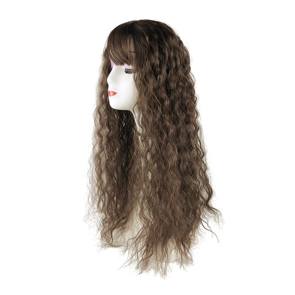 Middle Part Clip in Forehead Hairpiece Loose Curly Topper with 3D Neat Fringe for Full Head Wear Light Brown