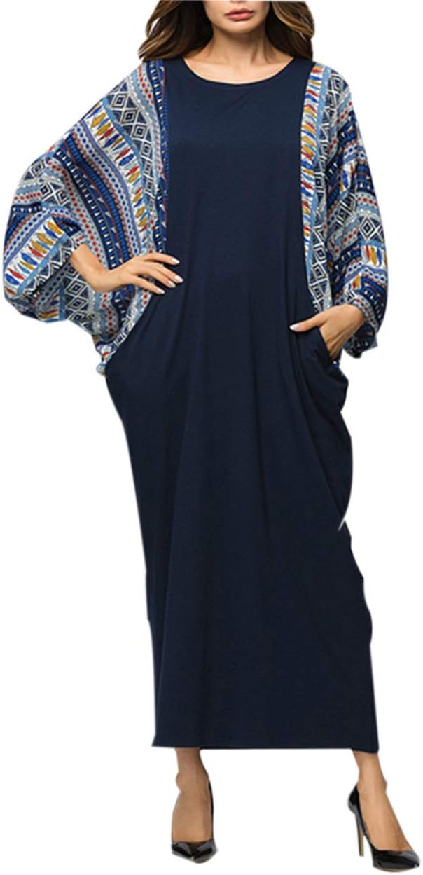 Muslim Abaya Dresses for Women - Islamic Clothing Large Sleeves Cotton Maxi Gowns Long Robe Blue