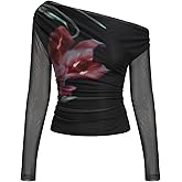 CIDER One Shoulder Going Out Top Sheer Mesh Floral Print Long Sleeve Y2k Blouse