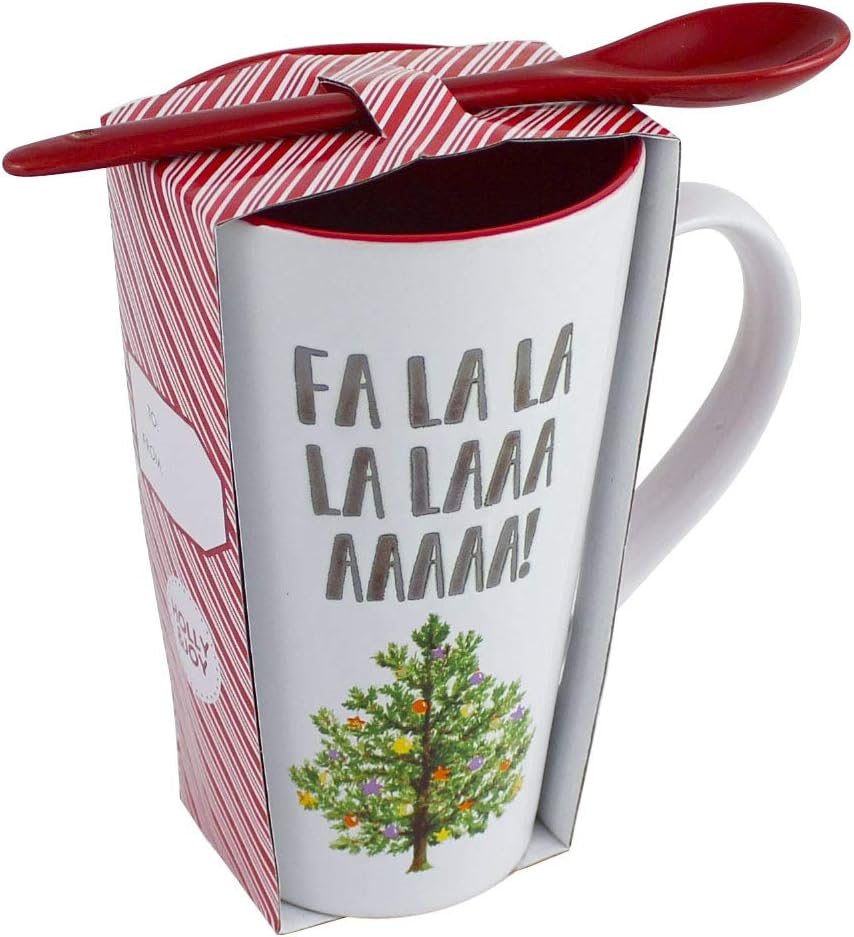 Azzure Home Holiday Novelty Drinking Mug with Spoon, Perfect for Coffee, Hot Chocolate, Tea, Cider, Hot Drinks, Holiday Home Kitchen Decor (Fa La La)