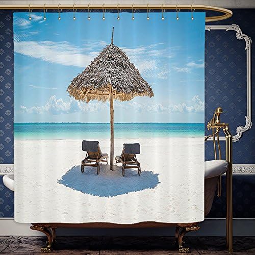 Wanranhome Custom-made shower curtain Seaside Decor Set Wooden Sun Loungers Facing The Indian Ocean Under A Thatched Umbrella In Zanzibar Turquoise Cream For Bathroom Decoration 69 x 72 inches