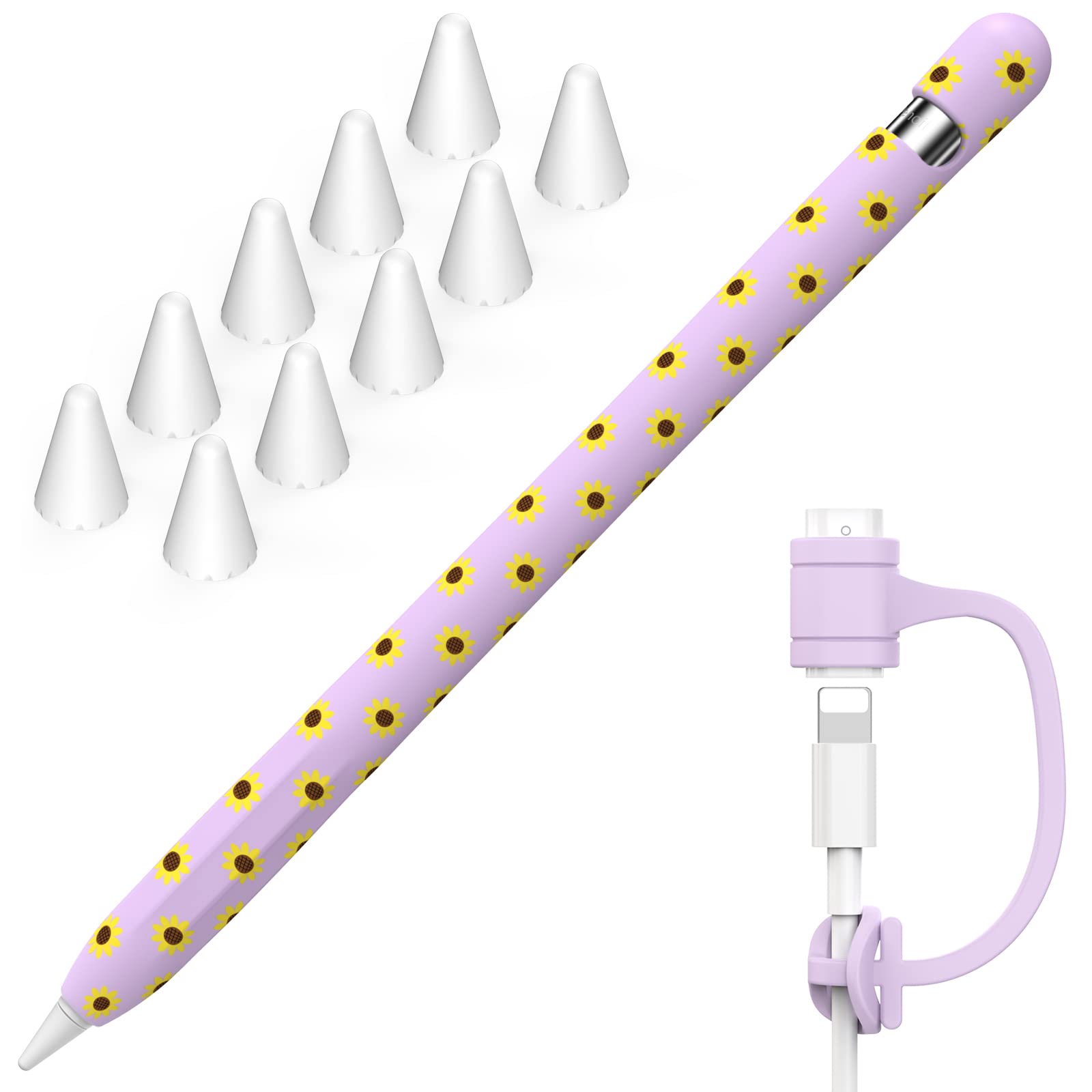 NIUTRENDZ Sunflower Case for Apple Pencil 1st Generation Case Cover Silicone Protective Sleeve Accessories with Apple Pencil Tips Cover & Cable Adapter Tether (Purple)