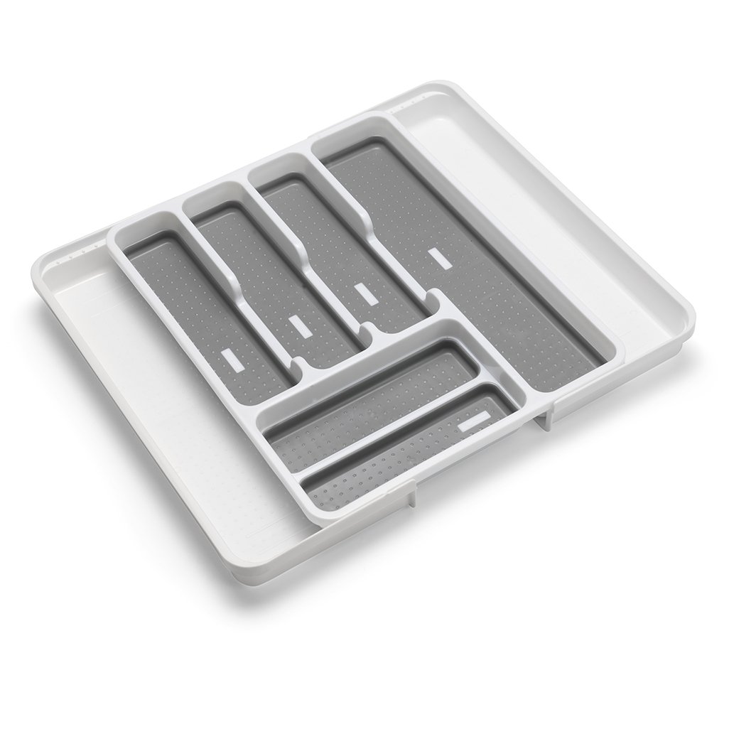 Addis Expandable Drawer Organiser Cutlery Utensil Tray with 6 - 8 Compartment Holders, White/Grey, 34 - 58.5 x 41.5 x 5 cm