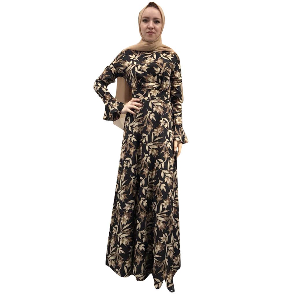 Amazon Com Women Printed Trumpet Sleeves Long Maxi Dress Muslim Cardigan Ramadan Robe Abaya Islamic Flower Elegant Dress S 2xl Xl Black Beauty