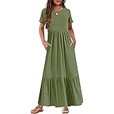 YOVION Girls Summer Maxi Dress Short Sleeve Crew Neck Casual Loose Flowy Tiered Dresses with Pockets for 6-12 Y