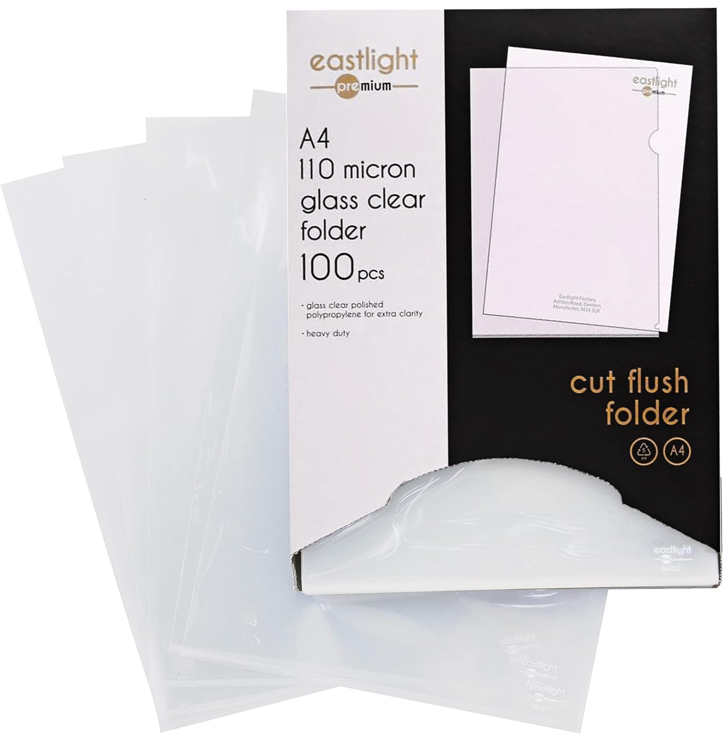 Eastlight Premium A4 Cut Flush Folders Top & Side Opening, Glass Clear Plastic Pocket Wallets, Box of 100