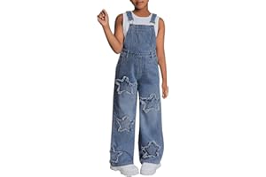 Girls Denim Overalls Teens Star Embroidery Wide Leg Jeans Bib Jumpsuit Kids Cargo Streetwear Dungarees with Pockets
