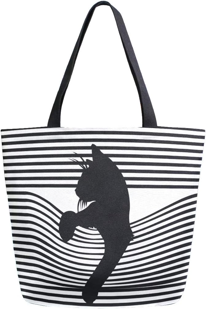 ISAOA Canvas Reusable Shoulder/Hand Tote Shopping Bags,Cute Black Cat with Stripe Travel Handbag College Bookbag for Women Girl