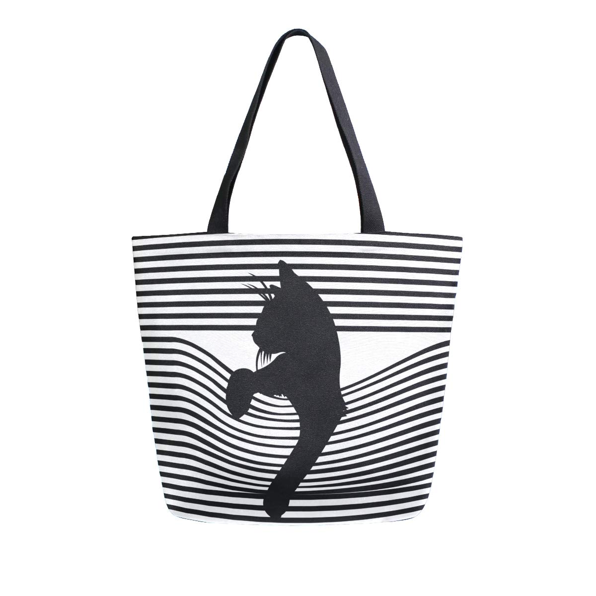 ISAOA Canvas Reusable Shoulder/Hand Tote Shopping Bags,Cute Black Cat with Stripe Travel Handbag College Bookbag for Women Girl
