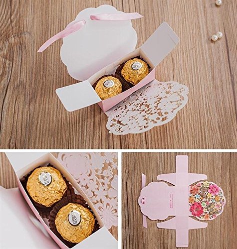 Finex® 100 pcs Premium Korean Wedding Design *Butterfly Couple Flying on Flowers* Party Favors Candy Boxes with Pre-cut Ribbons *Hollow Carved Laser Die Cut Gold Foil Embossing* DIY Chocolate box