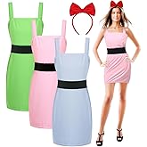 Liitrsh 3 Set Halloween Anime Hero Costume Halloween Puffy Costume Group Cosplay for Women Pink Green Blue Tank Dress Wide Cinch Elastic Black Waist Belts Red Bow Headband for Party Character Adult