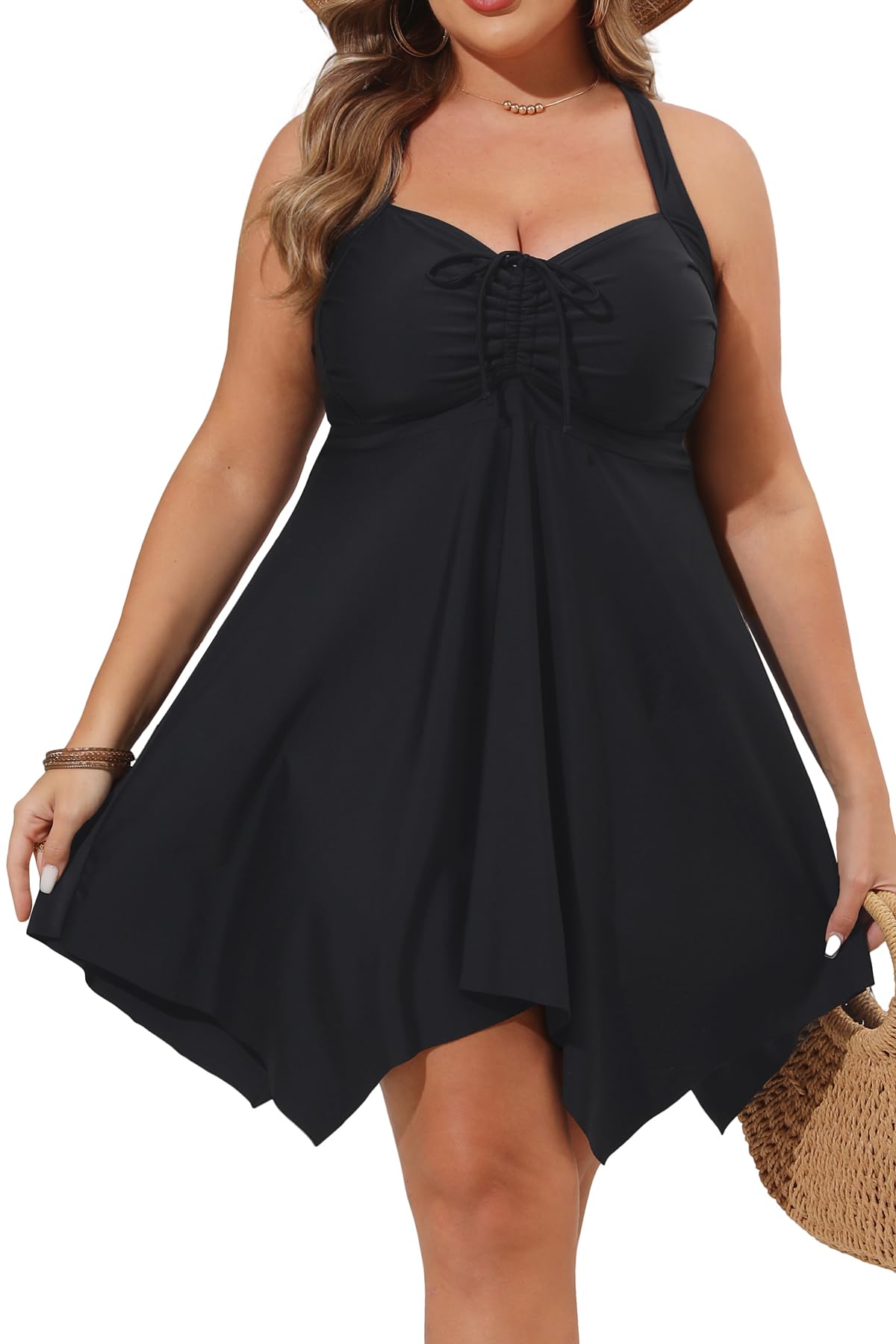 Photo 1 of Daci Plus Size Women Two Piece Swim Dress with Shorts Flowy Swimsuits Tummy Control Tankini Bathing Suits Black 30W