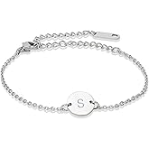Stainless Steel Initial Bracelet Delicate Coin Letter Bracelet Dainty Small Disc Name Bracelet Personalized Monogram Charm Bracelet for Women