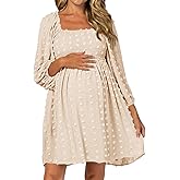 Ofenbuy Women's Long Sleeve Maternity Dress Square Neck Swiss Dot Casual Loose Short Dresses