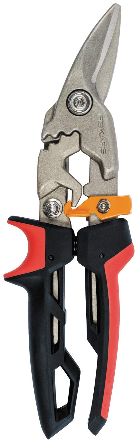 Fiskars PowerGear Aviation Snip Left Cut, 40% More Power, Length 24,7cm, Heat-Treated Steel Blade/Plastic Handle, Black/Red/Orange, 1027209