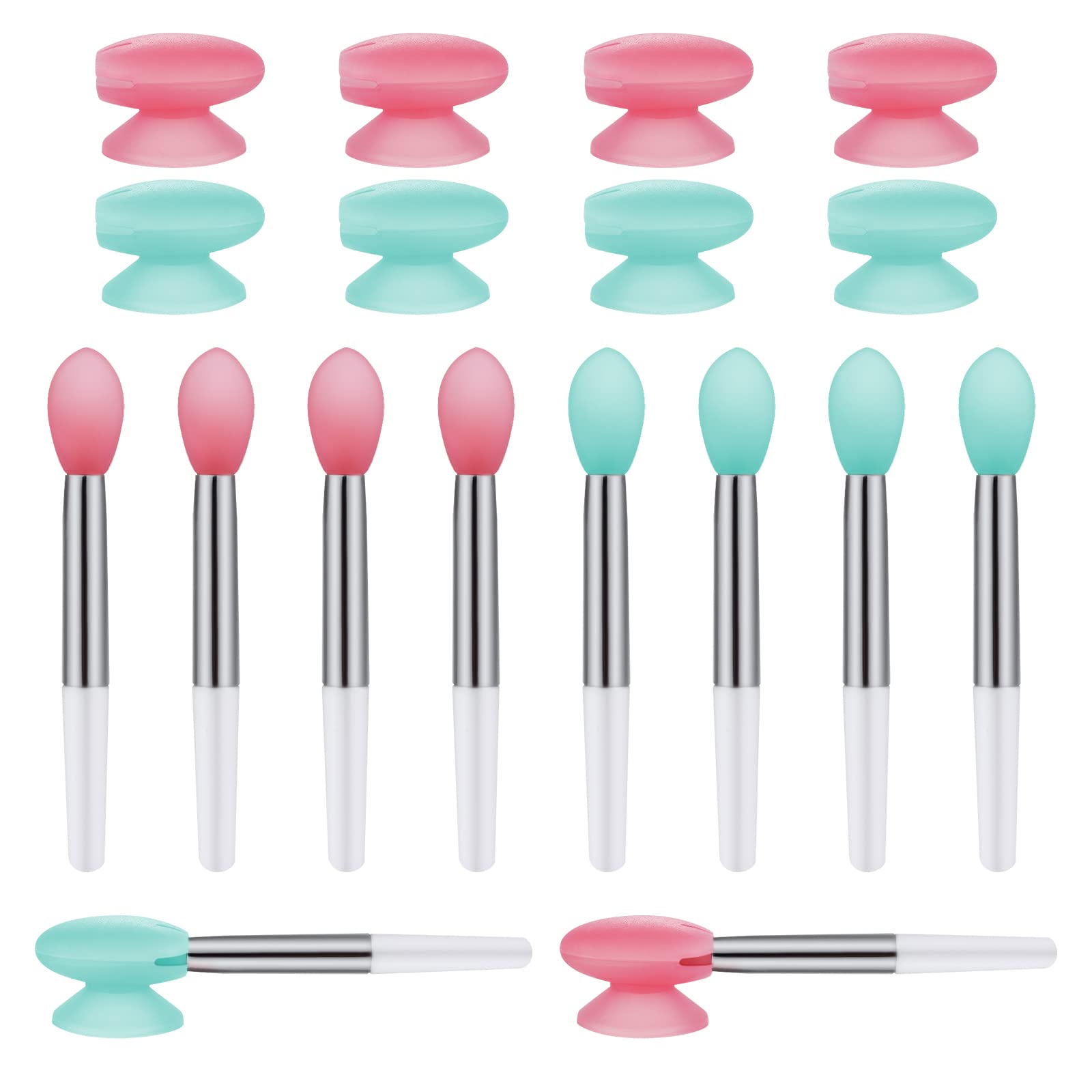Silicone Lip Brushes with Covers, 10pcs Lip Brushes for Lipsticks and 10pcs Covers, Reusable Lip Applicators Silicone with Cap for Lip Gloss & Balm Eyeshadow Makeup (Mint Green, Pink)