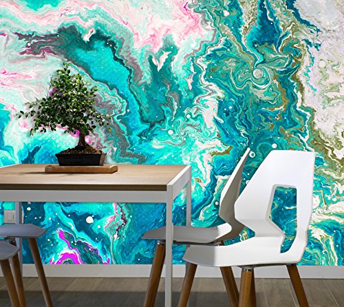 Removable Wallpaper Mural Peel & Stick Abstract Aqua Swirl Paint (130W X 89H inches)