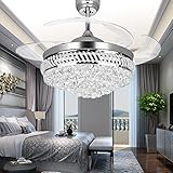 RS Lighting The Invisible Ceiling Fans Art Decoration K9 Crystal-42 inch Retractable Blades Ceiling Fan with Remote and Lights-for Indoor Outdoor Living, Dining Room Corridor (Silver-05)