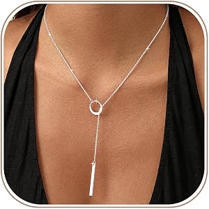 Reuscol Gold Necklace for Women,Dainty Long Necklace 14k Gold Plated/Silver Layered Y-Shaped Drop Square Dot Pendant Cute Cho