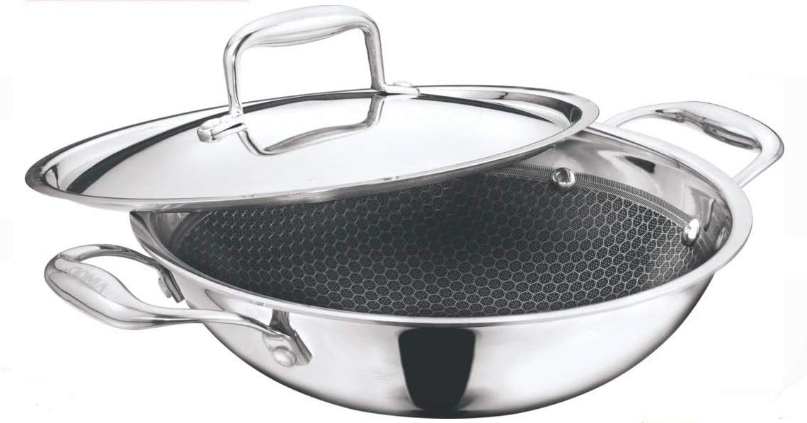 Vinod Cookware Food Grade 2.5 Litre Non Stick Induction Friendly Platinum (TRI PLY) 18/8 Stainless Steel Non Stick Kadai with Stainless Steel Lid (24 cm, 2.5 Litre))