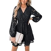 CUPSHE Women Elegant V Neck Lace Peasant Sleeve Mini Summer Dress Elastic High Waist A Line Casual Wedding Guest Dress