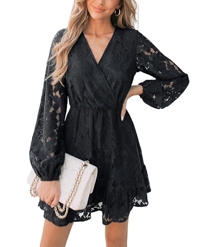 CUPSHE Women Sheer Insert Scallop Trim Lace Long Sleeve Mini Dress Black, S