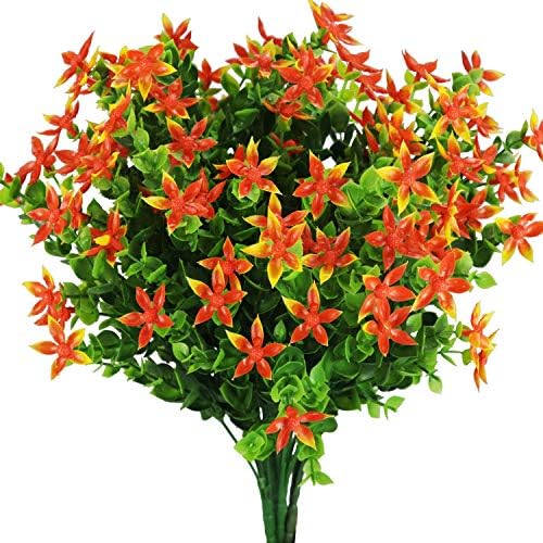 Houda 4pcs Fake Plants Artificial Greenery Shrubs Eucalyptus Branches with Purple Baby's Breath Flower Plastic Bushes House Office Garden Patio Yard Inddor Outdoor Decor (Orange 03)