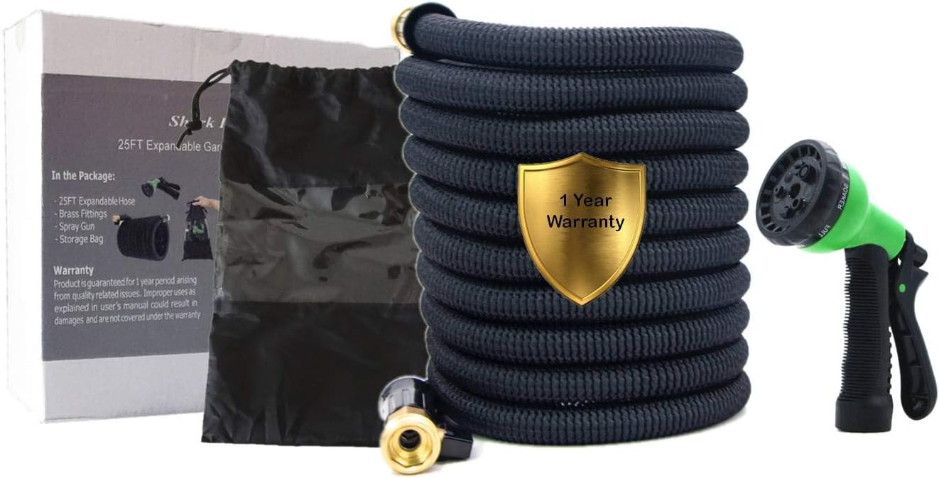 KwaliHose 25ft Expandable Garden Hose with Double Latex Core, 3/4" Solid Brass Fittings, Extra Strong 3750D Fabric Flexible Expanding Hose with 8 Mode Spray Nozzle and Storage Bag