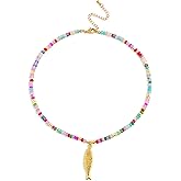 HNLUGF Boho Fish Necklace for Women, Colorful Natural Stone Beaded Fish Pendant Necklace, Summer Beach Jewelry Gifts for Swimwear & Vacation