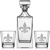 Whiskey Decanter Gift Set With 2 Whiskey Old Fashioned Rocks Glasses Fleur De Lis