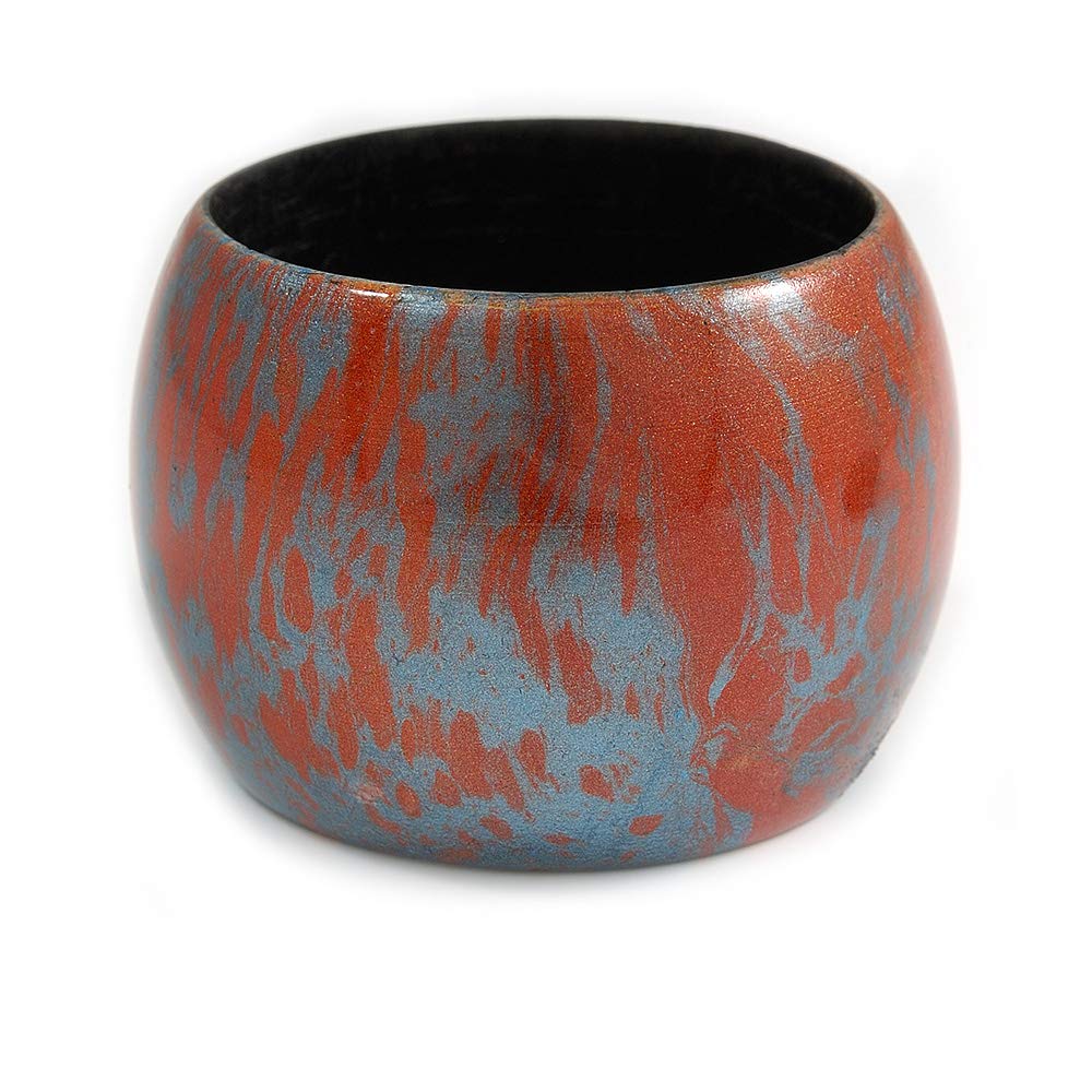 Avalaya Oversized Chunky Wide Wood Bangle (Orange & Metallic Silver) - Medium Size