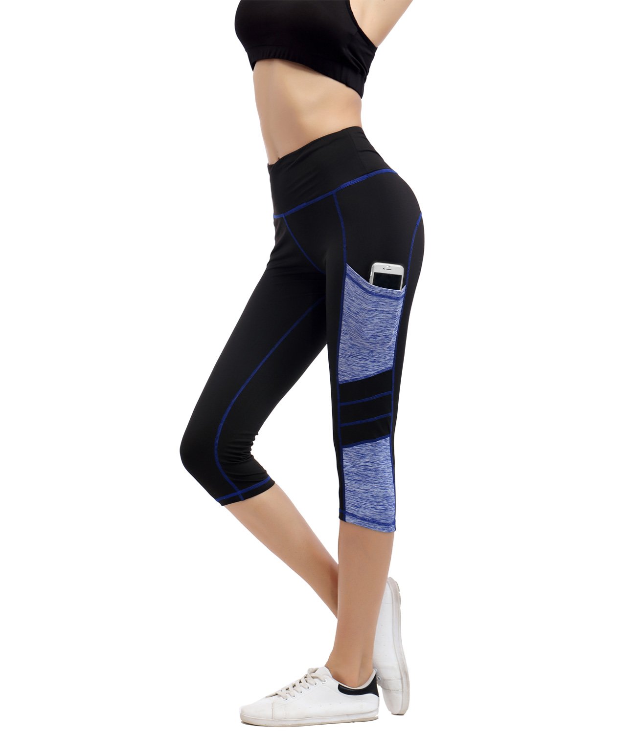 IMIDO Women\'s Yoga Capri Pants Sport Tights Workout Running Leggings Side Pocket (M, Capri Pants)