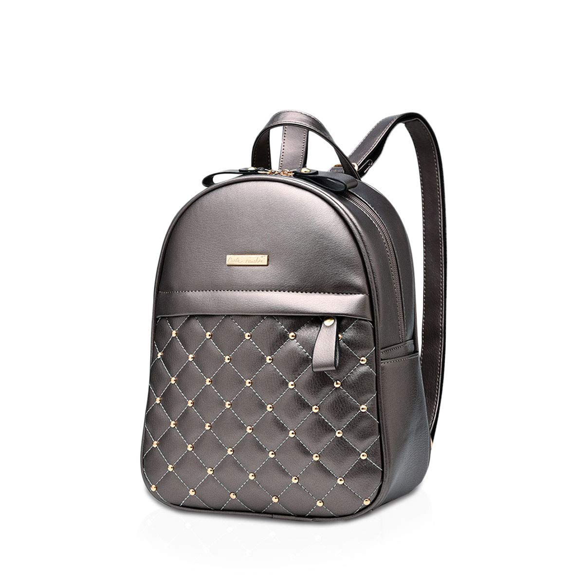 NICOLE&DORIS Womens Backpack Fashion Rucksack Ladies Shoulder Bag with Rivet Lightweight Lattice Casual Daypack PU Leather Silver grey