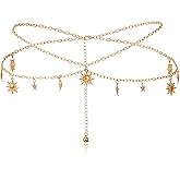 MBAIYO Double Layer Metal Waist Chain, Adjustable Waist for Women Link Chain Moon and Sun Multilayer Skinny Chains Waistband Moon and Sun Belly Waist Decor Belts