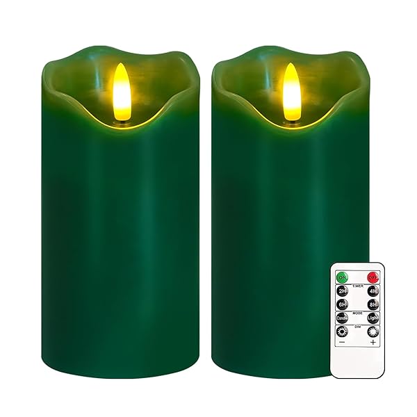 VEEKI FLAMELESS CANDLES LIGHT, SET OF 2 6″X3″ FLICKERING CHRISTMAS FLAMELESS CANDLES WITH REMOTE & TIMER, DIMMABLE REAL WAX PILLAR CANDLES BATTERY OPERATED, GREEN CANDLES FOR HOME XMAS DECOR (GREEN)