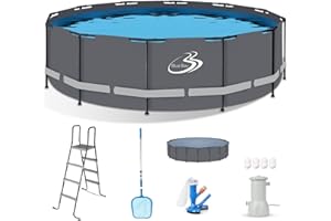 BLUE BAY BlueBay 15ft x 48in Round Metal Frame Pool, Above Ground Outdoor Swimming Pool Set with 1000 GPH Filter Pump, Pool Cover, Ladder, Maintenance Kit, Gray Frame