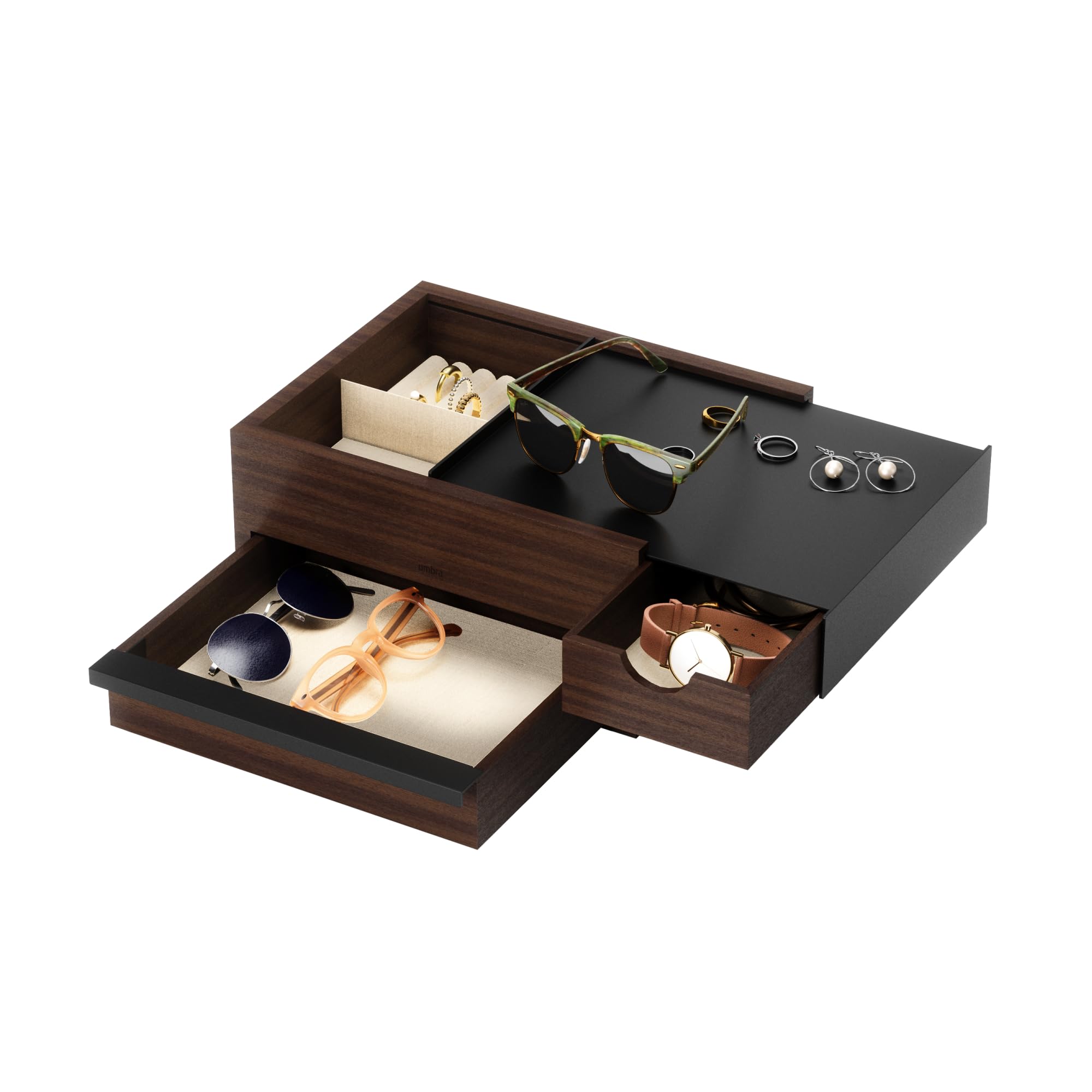 Umbra Stowit Jewelry Box - Modern Keepsake Storage Organizer with Hidden Compartment Drawers for Ring, Bracelet, Watch, Necklace, Earrings, and Accessories, Black/Walnut