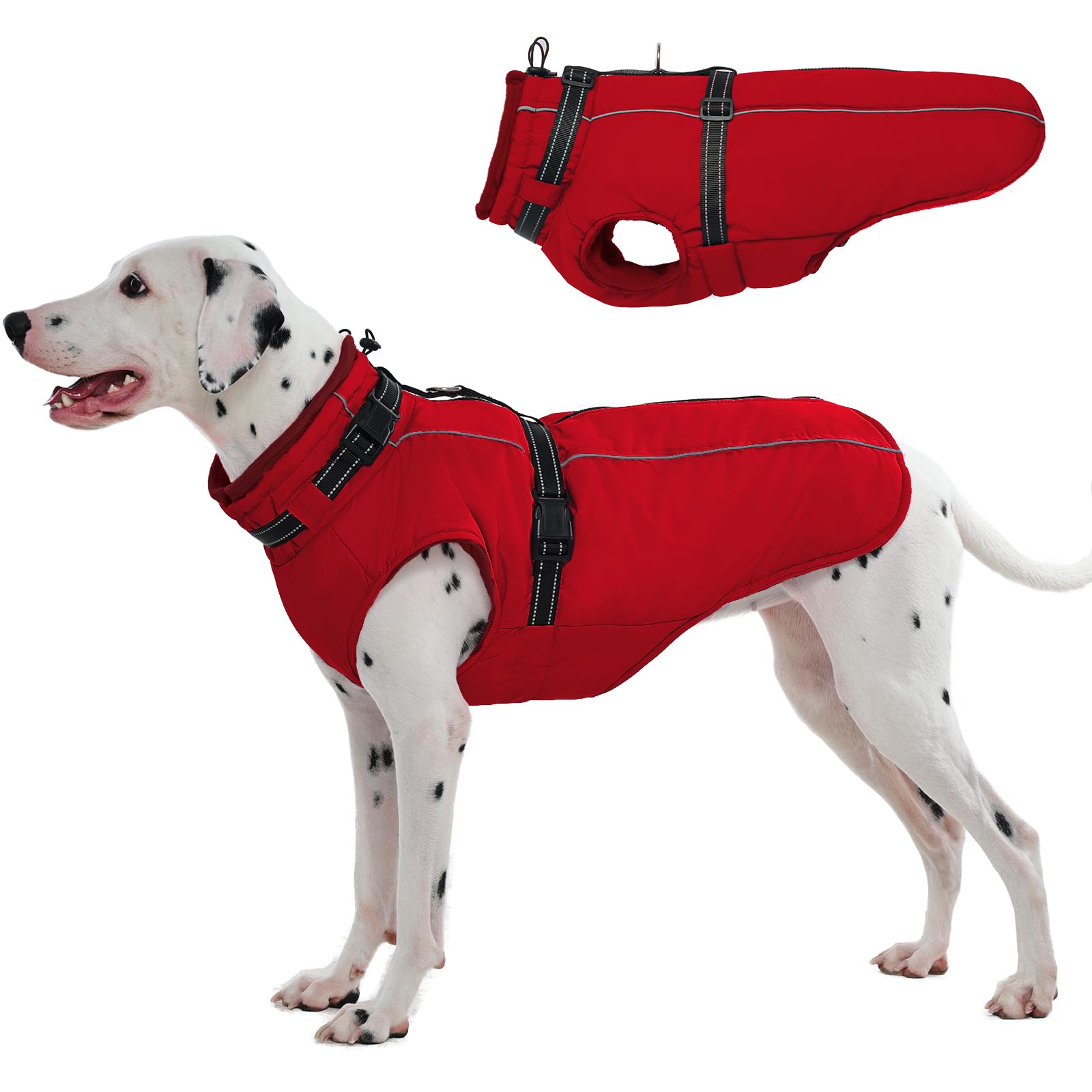 Lelepet Large Dog Coat With Harness - Warm Waterproof Fleece Jacket, Winter Reflective Vest Snow Suit for French Bulldog, Red L