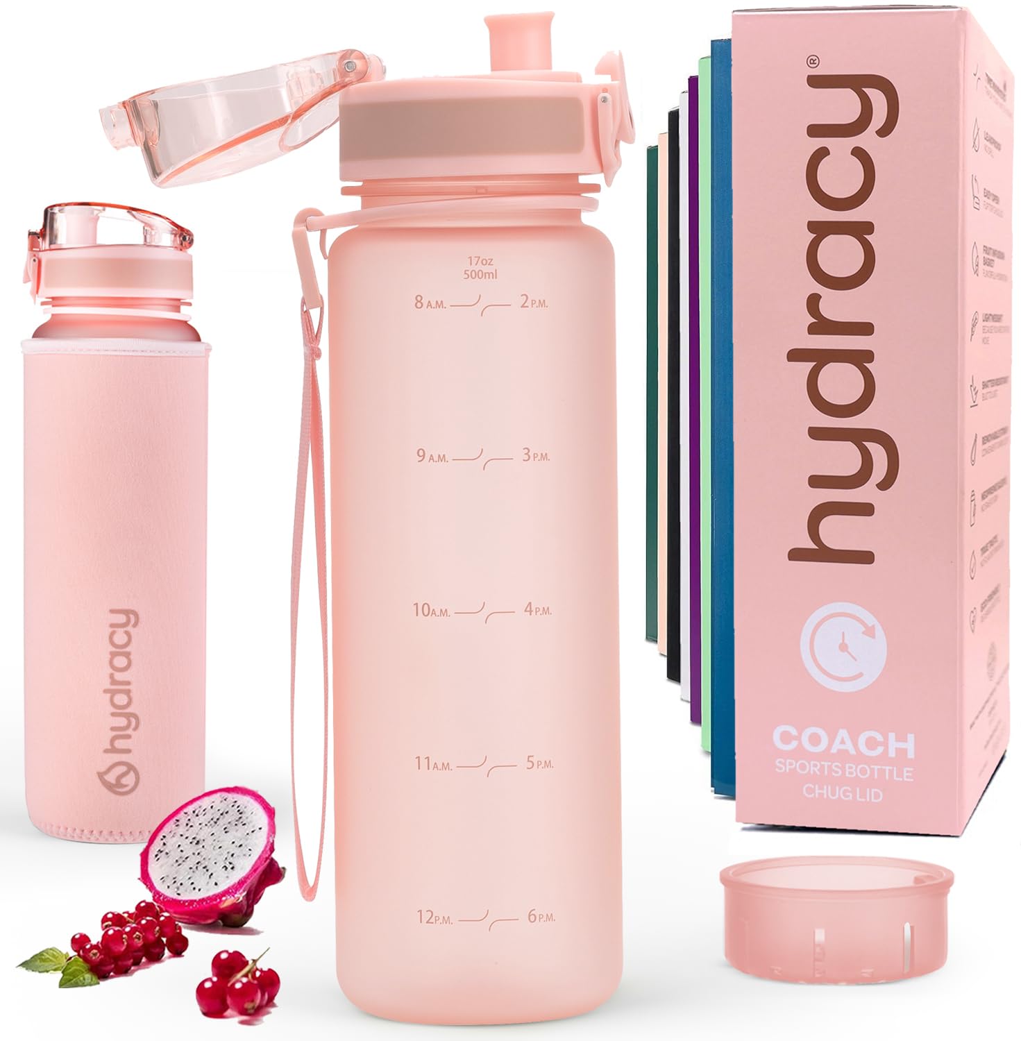 Hydracy Water Bottle with Time Marker - 500 ml 17 Oz BPA Free Water Bottle - Leak Proof & No Sweat Gym Bottle with Fruit Infuser Strainer - Ideal for Fitness or Sports & Outdoors - Rose Gold