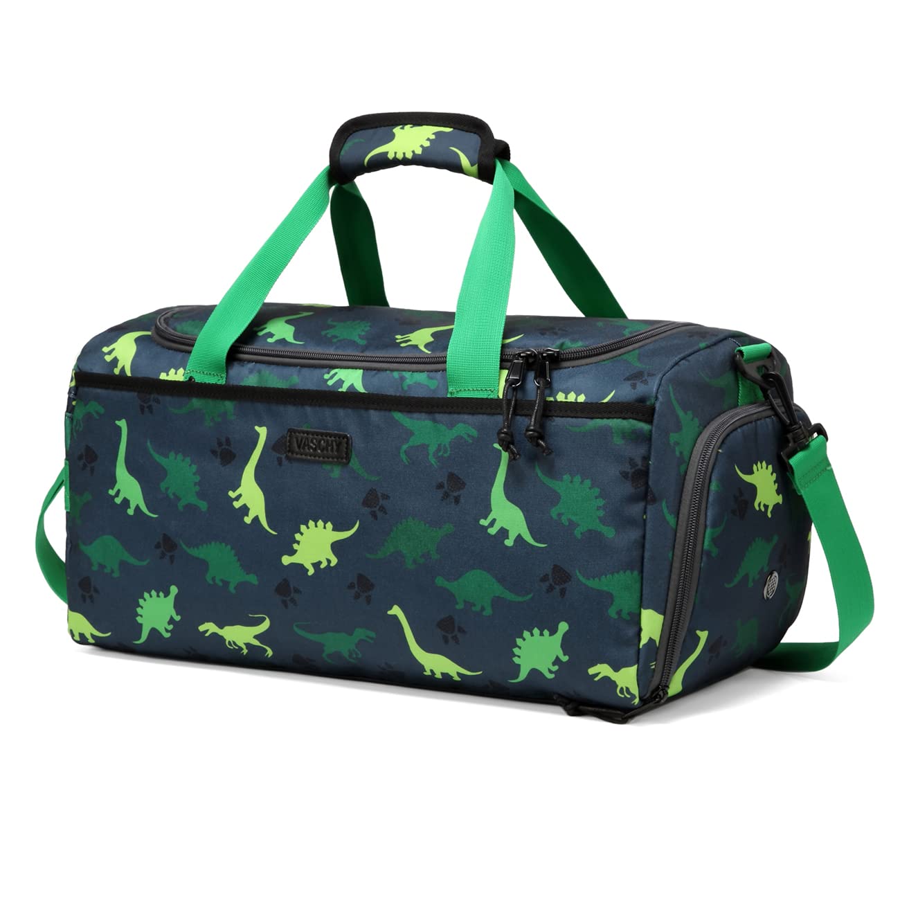 Overnight Bag for Kids, VASCHY Large Capacity Travel Duffle Bag for Boys Lightweight Holdall Bag Weekender Bag with Shoes and Seperated Dry Wet Compartment for School, Dance, Sport(Green Dinosaur)