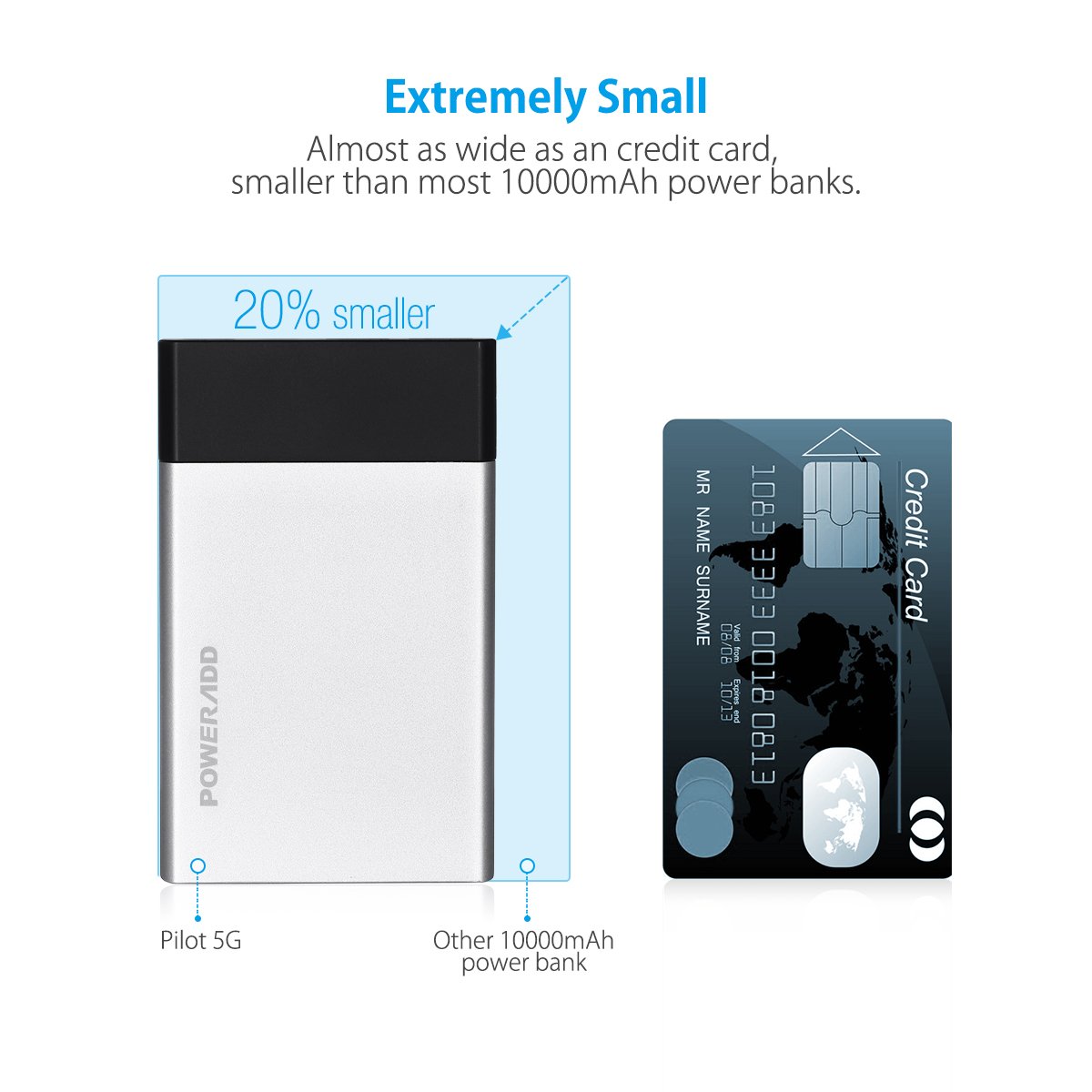 Poweradd Portable Charger Pilot 5G 10000mAh External SANYO Battery Cell 3.4A Charger Pack with Smart Charge for iPhone, iPad, Samsung Galaxy Note and More - Silver