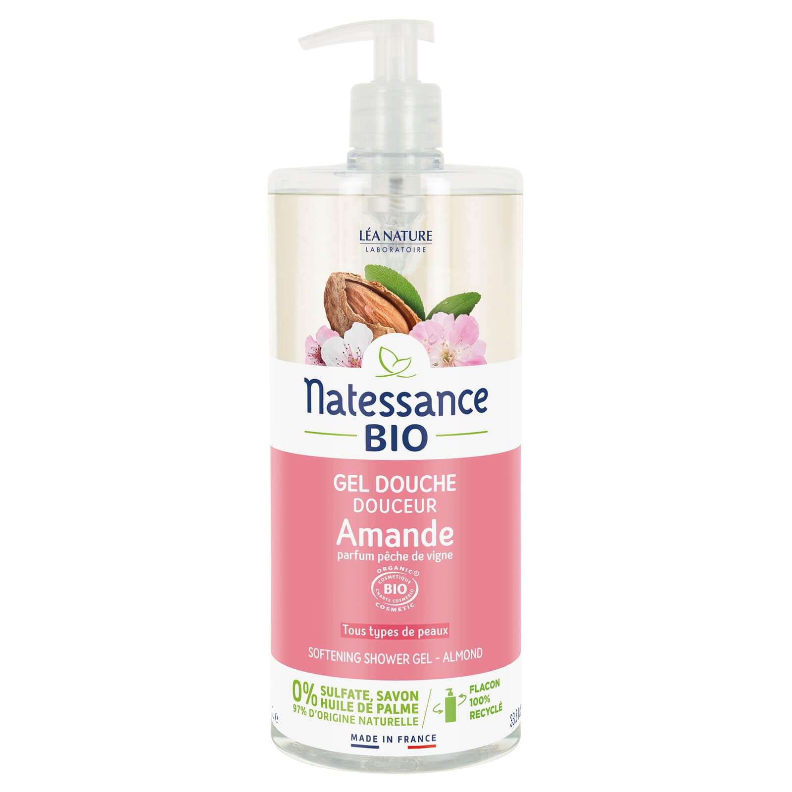 Natessance Organic Almond Shower Gel & Peach Fragrance (Sulphate-free Soap-free & Parabens-free), fruity, 1000 millilitre