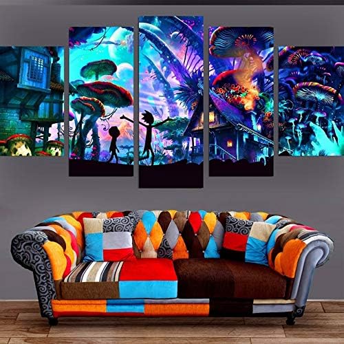 5 Pieces Canvas Wall Art Modular Pictures Home Decor Morty Rick Paintings Living Room Hd Printed Animation Posters Framework（Contains Frames）