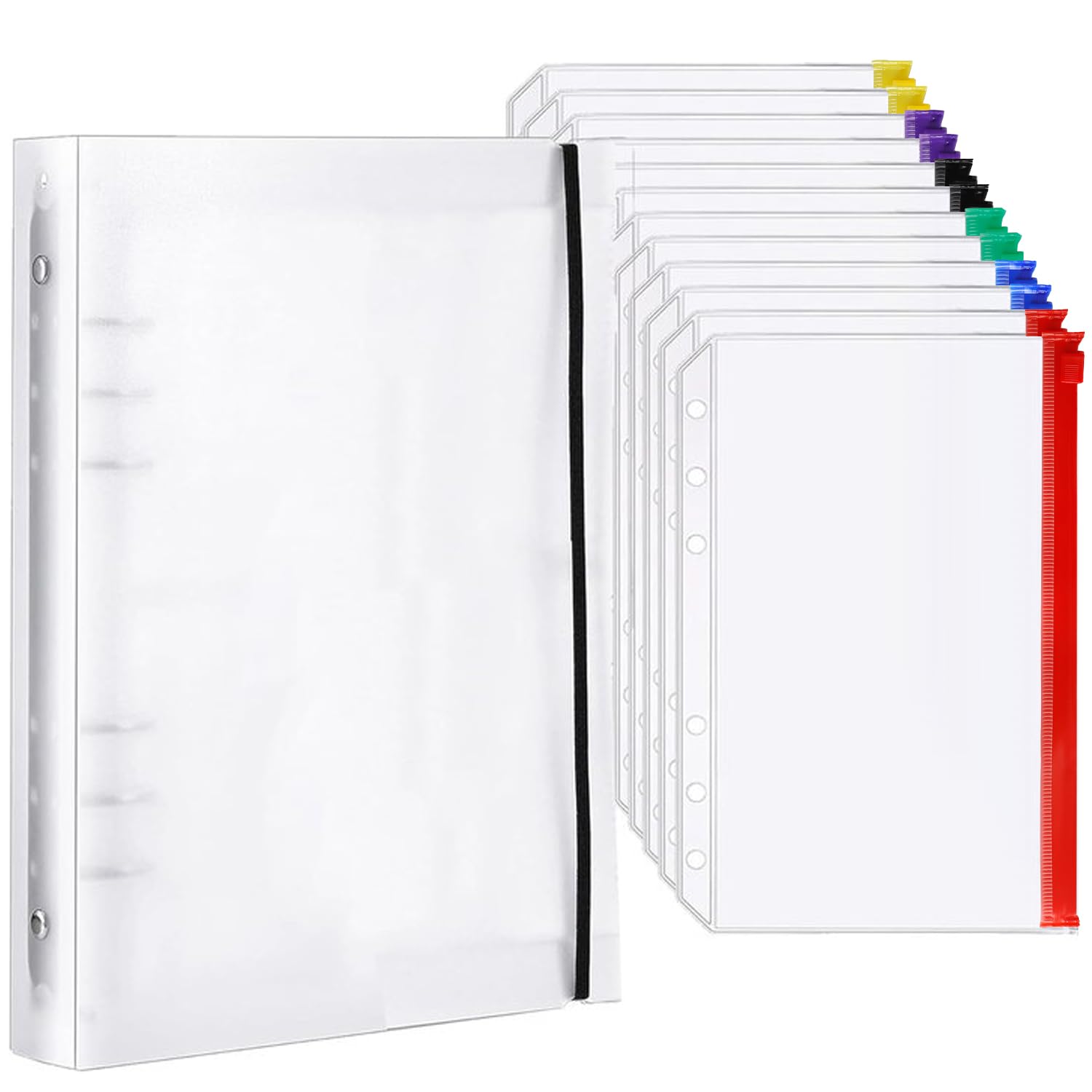 YEYIT A5 Ring Binder With 12 Multicolor Pockets and Cover, Plastic Waterproof Cash Budget Envelope, Zipper File Pockets With Holes, Money Wallets for Cash