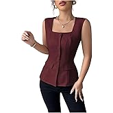 Floerns Women's Sleeveless Work Vest Blouse Square Neck Button Front Dressy Casual Tops
