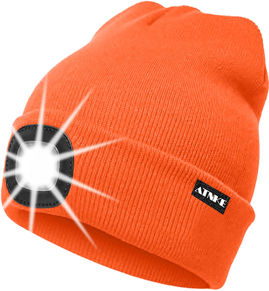 ATNKE LED Lighted Beanie Cap,USB Rechargeable Running Hat Ultra Bright 4 LED Waterproof Light Winter Warm Gifts for Men and Women/Bright Orange — image 1