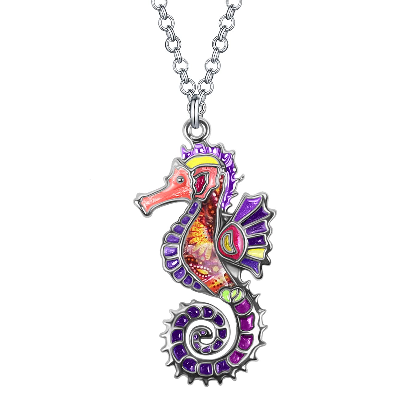 Enamel Alloy Hippocampus Seahorse Necklace Ocean Charms Pendant Fashion Jewelry Gifts for Women Girls (Purple)