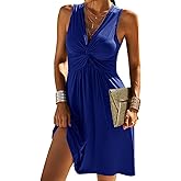 Veatzaer Women's V Neck Front Knotted Sleeveless Tank Dress Summer Solid Casual A Line Dress