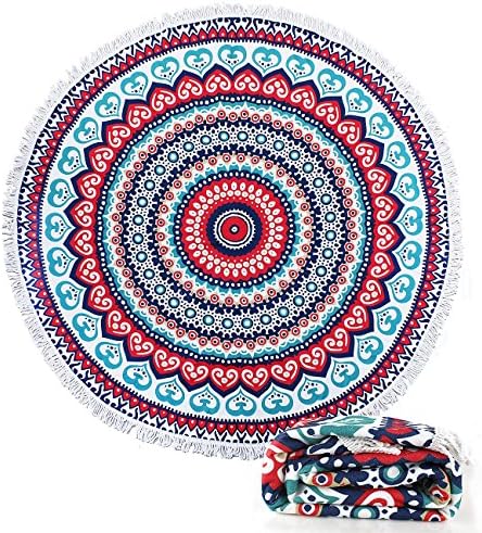 Round Roundie Indian Mandala Beach Towel Thick Terry Blankets Large Tapestry Ultra Soft Yoga Picnic Mat With Fringe Tassels (Muti 4)