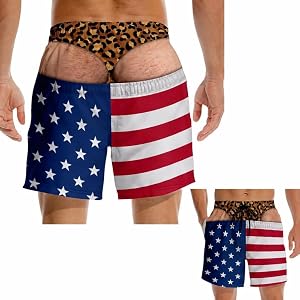 Funny Mens Swim Trunks, Personalized Hairy Butt American Flag Beach Shorts, Fake Thong Novelty Swimwear for Bachelor Party, P